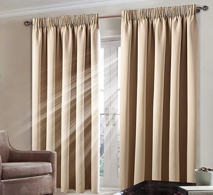 blackout-pencil-pleat-beige Heavy Insulated Pencil Pleat Tape Top Thermal Blackout Curtain Pair Panels Room Darkening Beige - Image 1