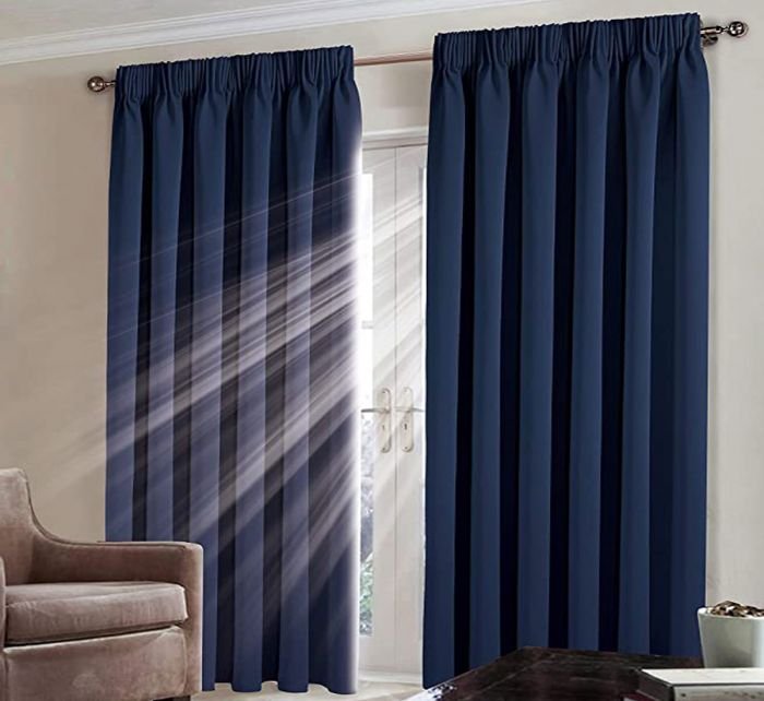 blackout-pencil-pleat-blue Heavy Insulated Thermal Blackout Curtains Pair Pencil Pleat Tape Top Room Darkening Curtain Panels Blue - Image 1