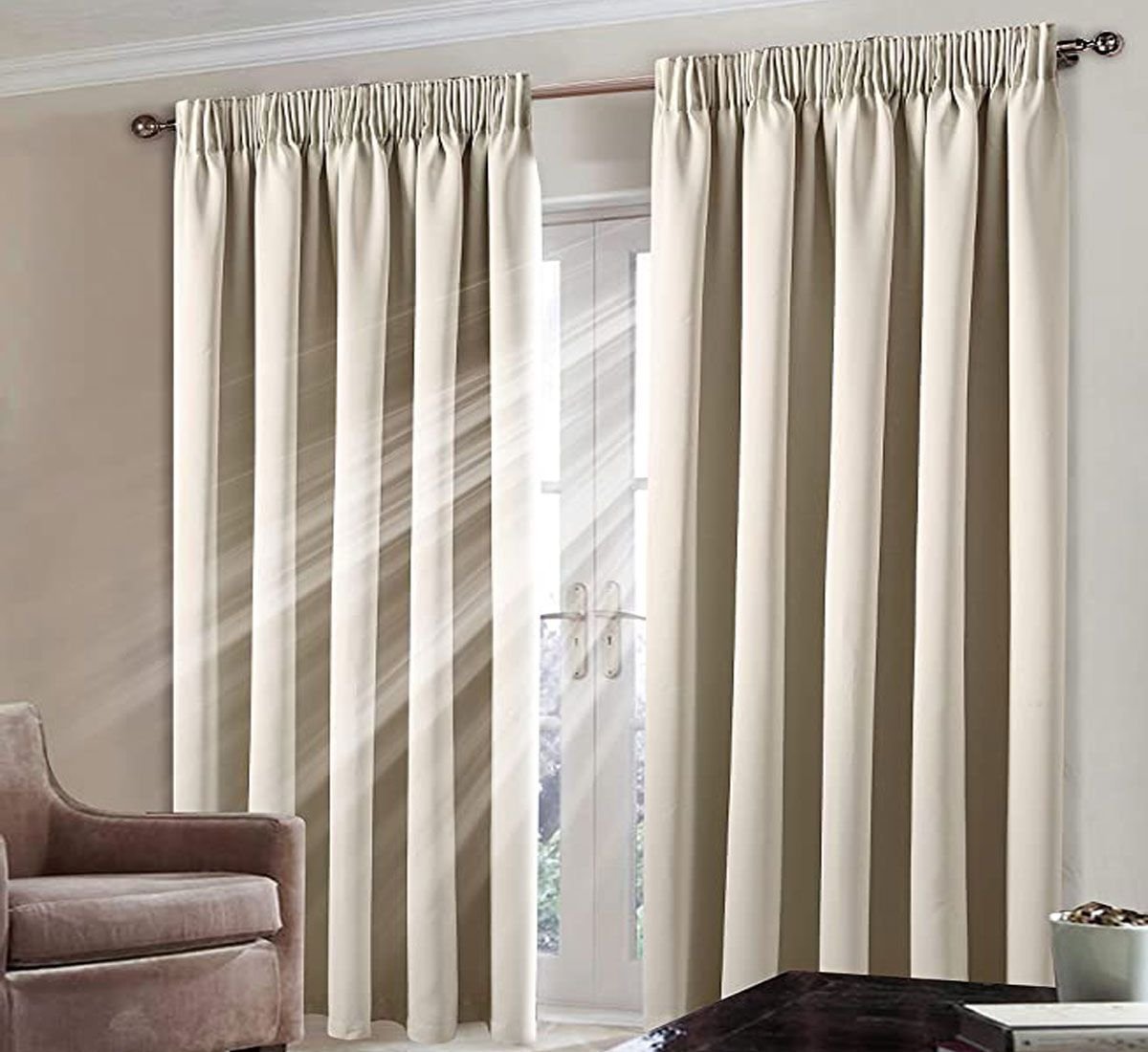 blackout-pencil-pleat-cream Thermal Blackout Curtain Pair Heavy Insulated Pencil Pleat Tape Top Room Darkening Curtain Panels Cream - Image 1