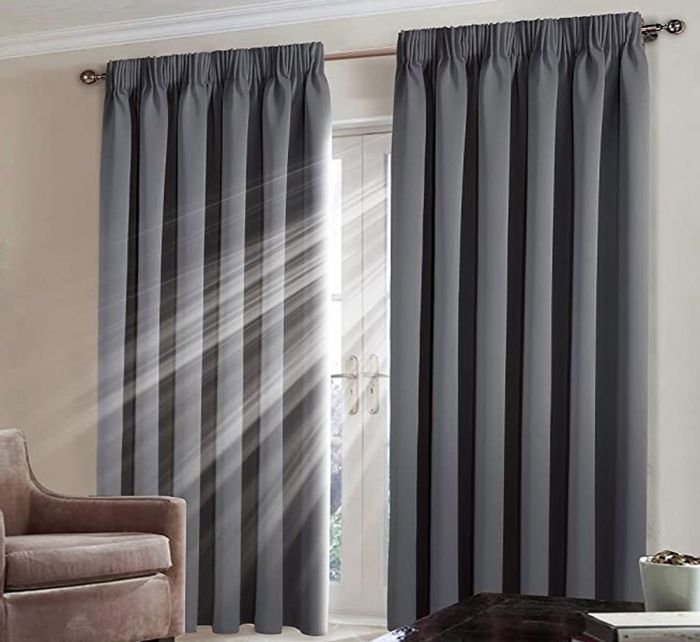 blackout-pencil-pleat-grey Thermal Blackout Curtains Pair Pencil Pleat Tape Top Curtain Pair Room Darkening Curtain Panels Grey - Image 1