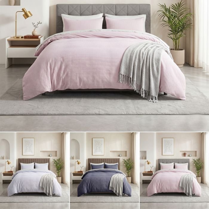 college_7 Duvet Cover Bedding Set Luxury 100% Pure Cotton Waffle Textured Quilt Cover Set with Pillowcases - Image 1